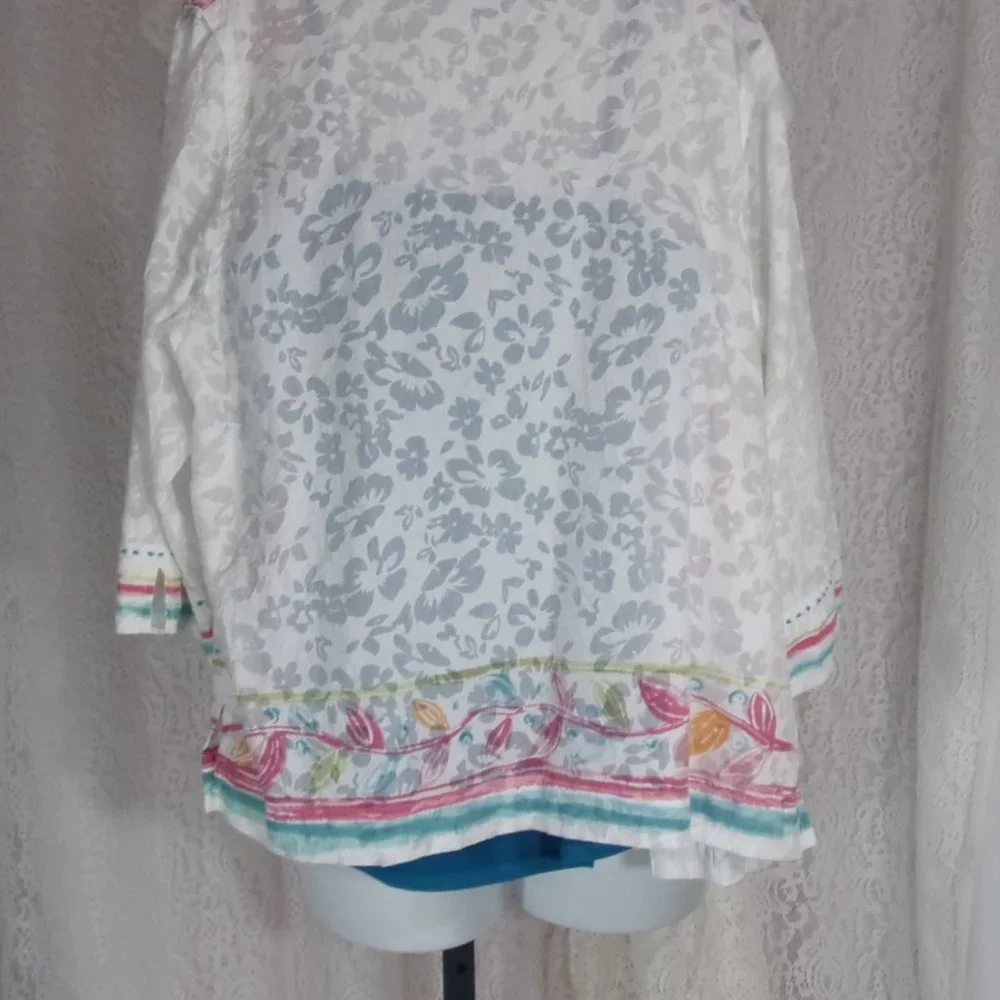 Koret Summer Top Blouse Button Front Size Petite XL White Rose Teal